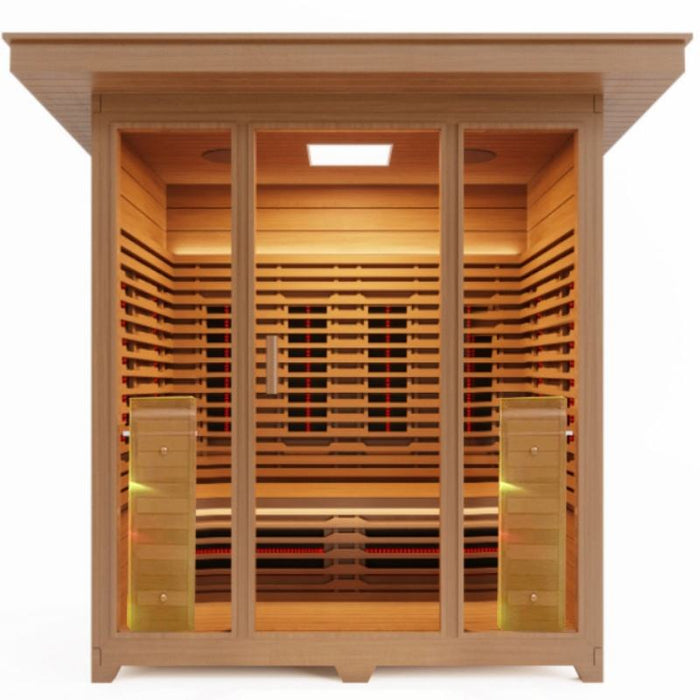 Waterproof Outdoor 4 Person Infrared Sauna Cabin | Full Spectrum, Bluetooth, Canadian Hemlock